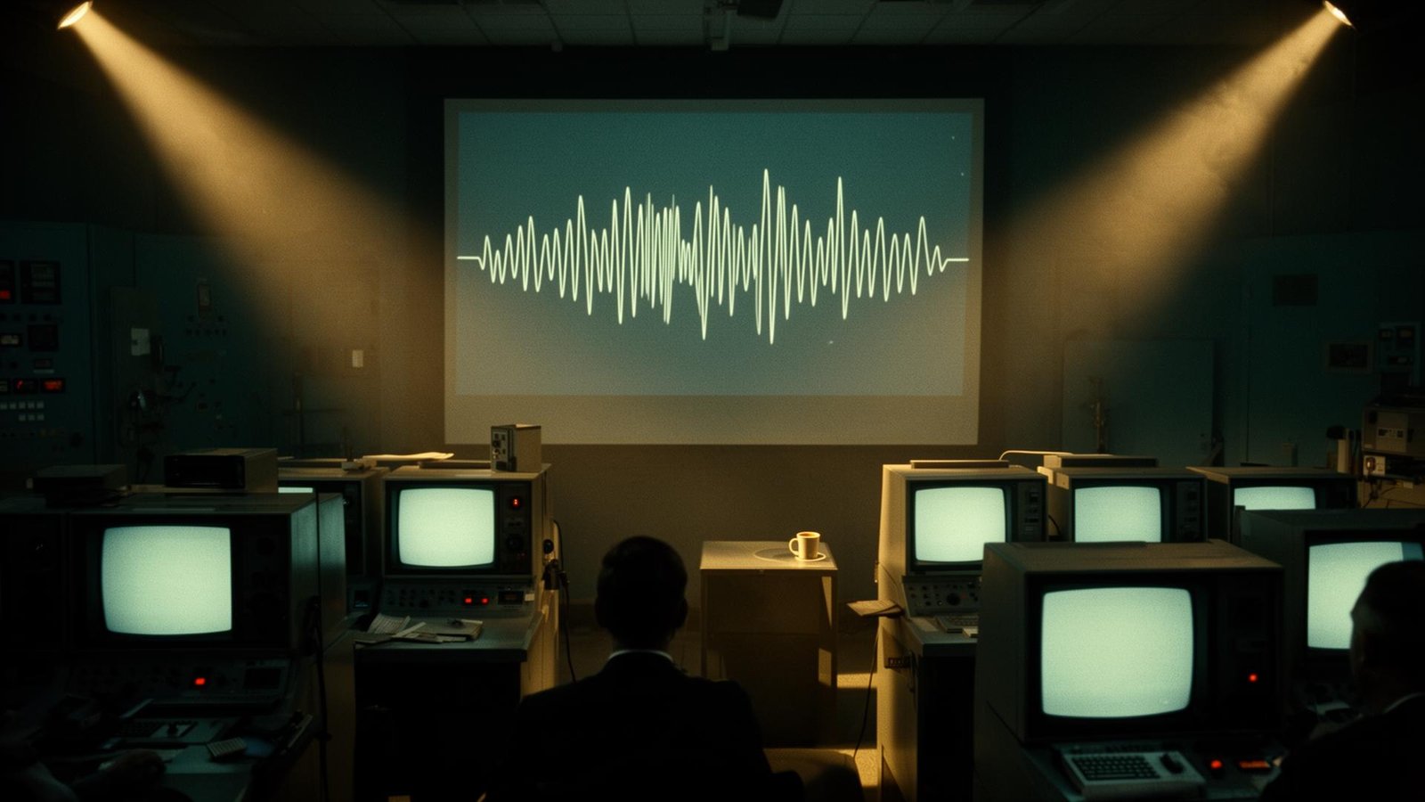 Sala de controle vintage da NASA com forma de onda de rádio projetada